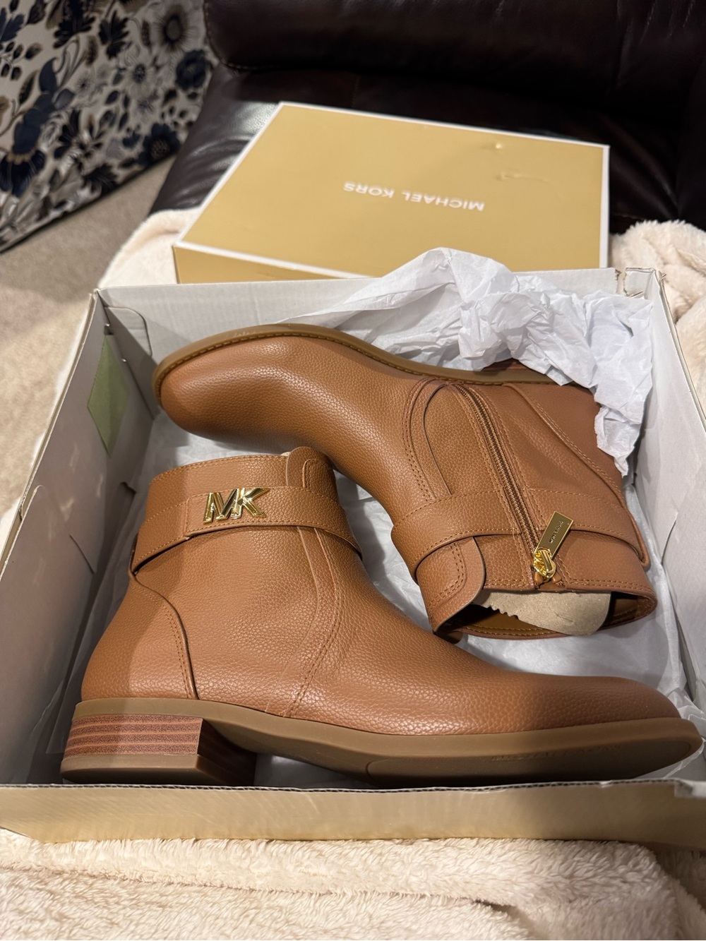 Michael Kors Tan Leather Chukka Ankle Boots with Gold MK Accent